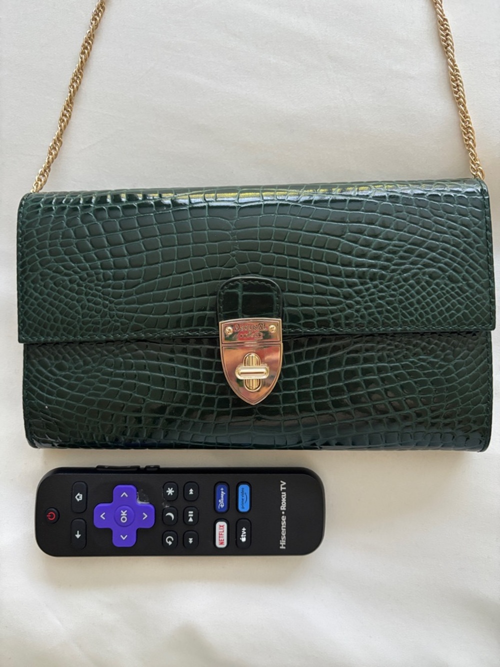 Aspinal of London Dark Green Croc-Embossed Chain clutch Bag - Picture 2 of 12